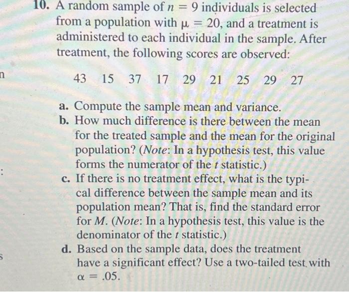 Solved 10. A random sample of n=9 individuals is selected | Chegg.com