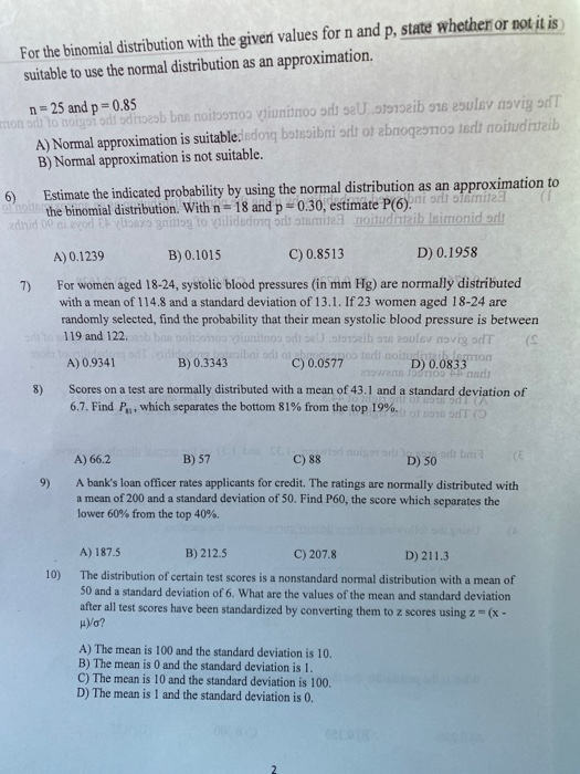 Solved For the binomial distribution with the given values | Chegg.com