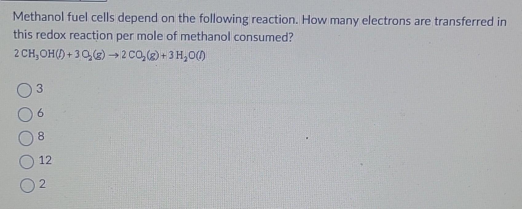 Solved Methanol fuel cells depend on the following reaction.