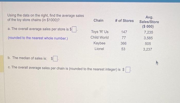 Solved Using the data on the right, find the average sales | Chegg.com