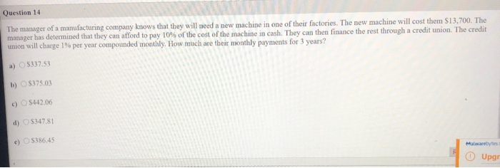 Solved Question 14 The manager of a manufacturing company | Chegg.com