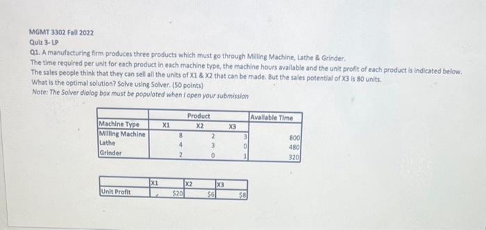 Solved MGMT 3302 Fall 2022 Quiz 3-LP: Q1. A Manufacturing | Chegg.com