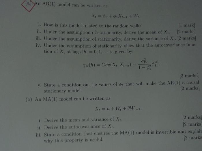 Solved (a) An AR(1) model can be written as X1=ϕ0+ϕ1Xt−1+Wt. | Chegg.com