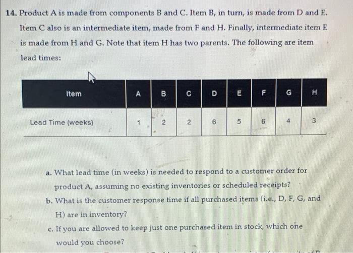 Solved 14. Product A Is Made From Components B And C. Item | Chegg.com