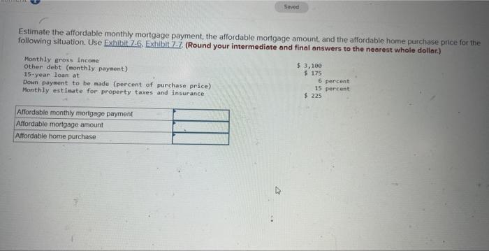 Solved Estimate the affordable monthly mortgage payment, the | Chegg.com