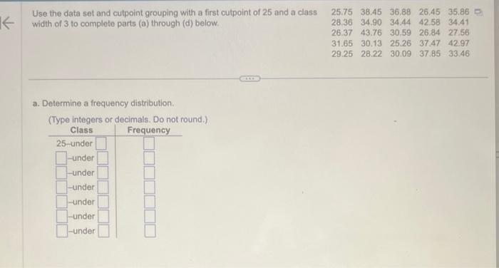 Use the data set and cutpoint grouping with a first cutpoint of 25 and a class width of 3 to complete parts (a) through \( (\