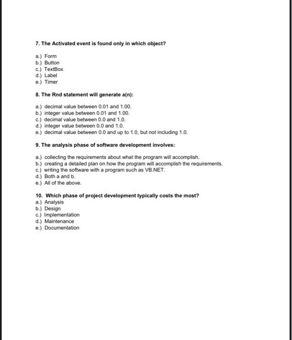 Solved QUESTION 1 Multiple Choice (10) 1. The Button control