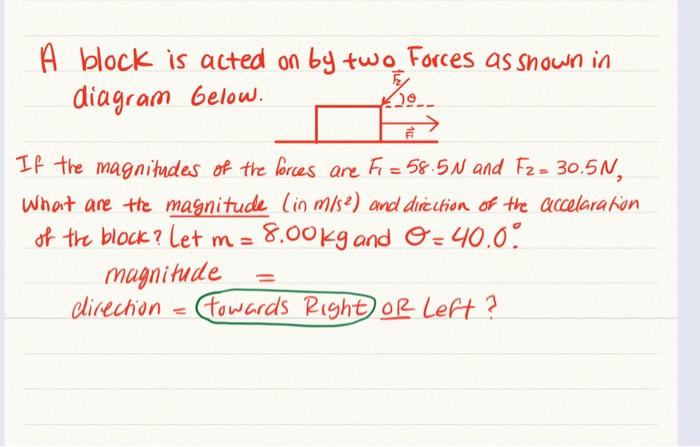 Solved A block is acted on by two Forces as shown in diagram | Chegg.com