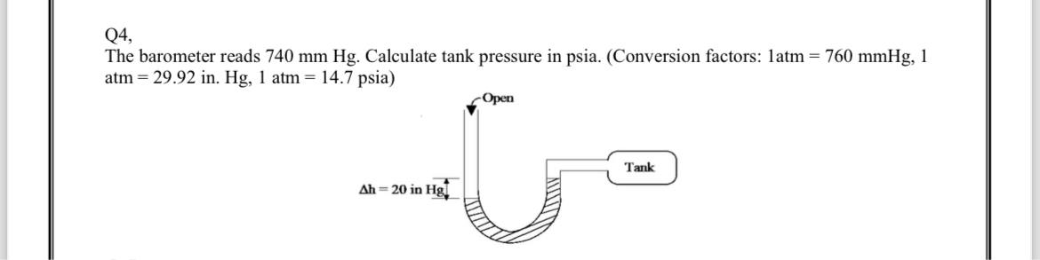 Q4,The barometer reads 740mm ﻿Hg. ﻿Calculate tank | Chegg.com