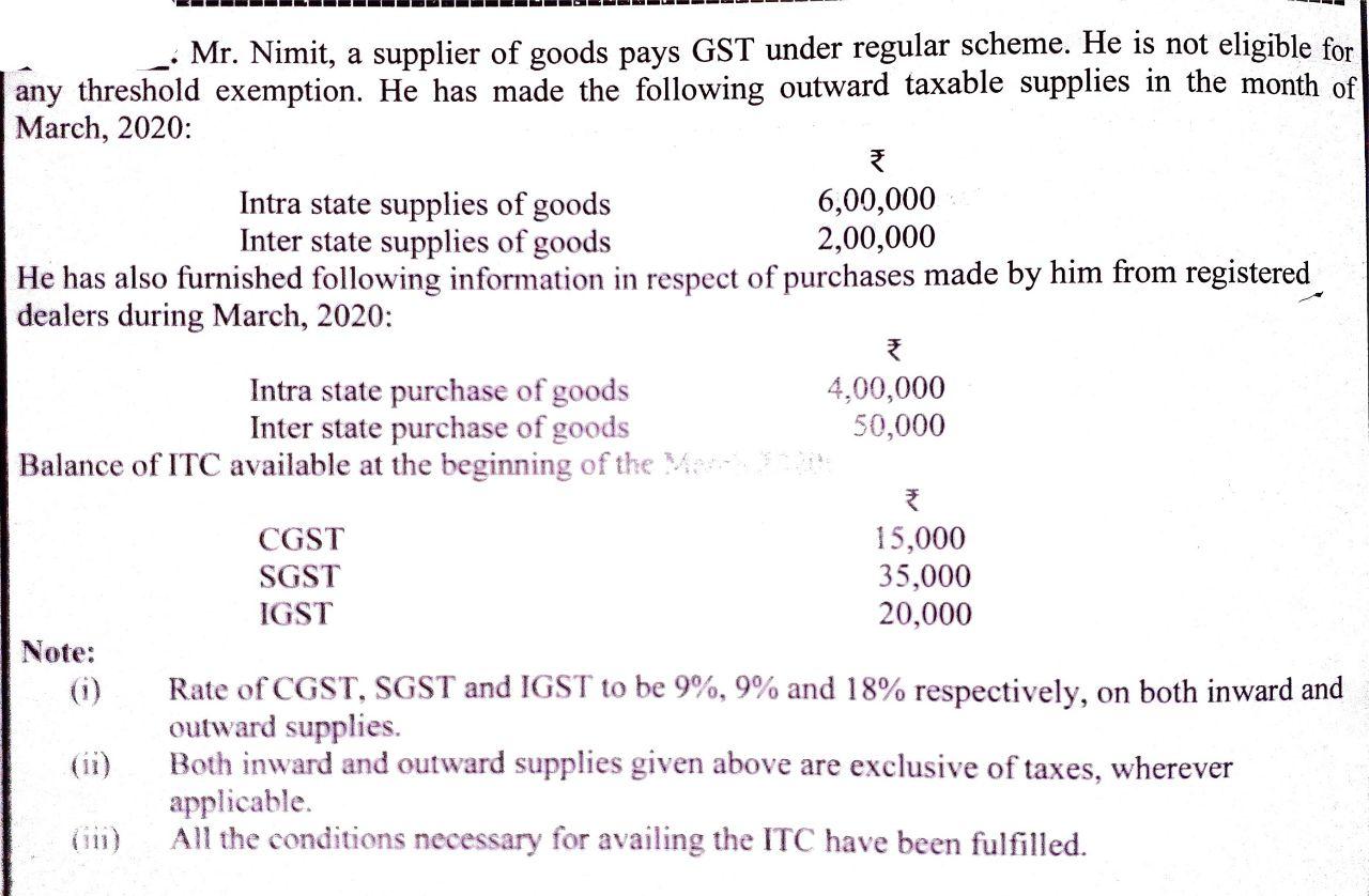 Solved Mr. Nimit, a supplier of goods pays GST under regular