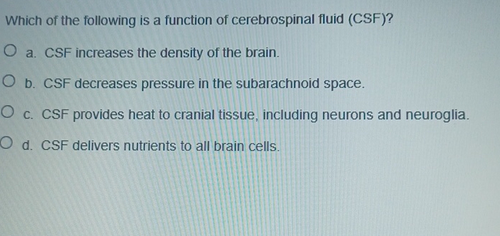 Which Of The Following Is A Function Of Cerebrospinal Fluid Solved Which of the following is a function of cerebrospinal | Chegg.com