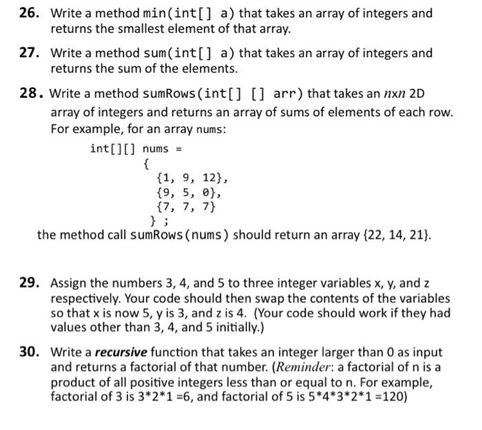 Solved 26. Write a method min(int[] a) that takes an array | Chegg.com