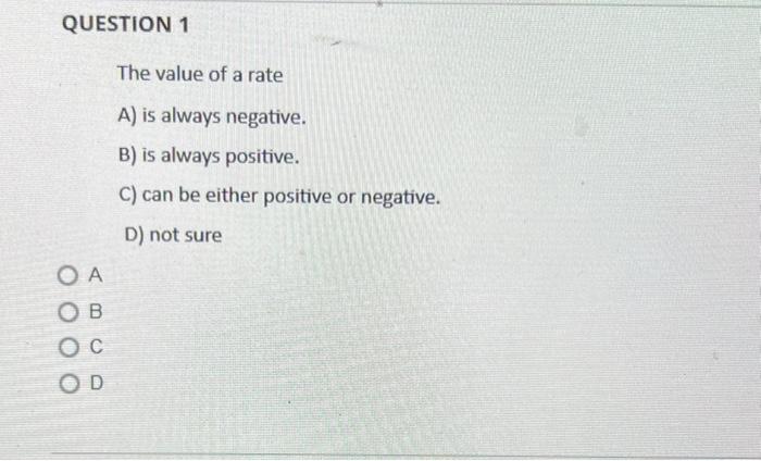 Solved QUESTION 1 The value of a rate A) is always negative. | Chegg.com