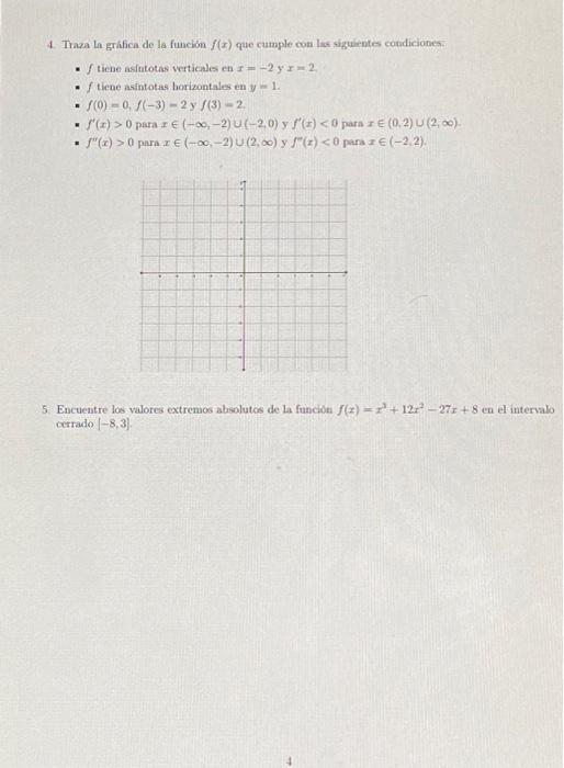 4. Traza la grífica de la función \( f(x) \) que cumple con las siguientes condiciones. - \( f \) tiene asintotas verticales