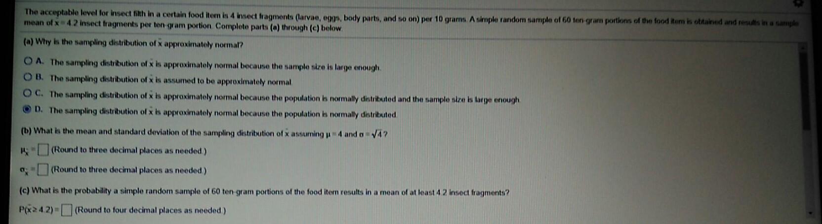 Solved The acceptable level for insect filth in a certain | Chegg.com