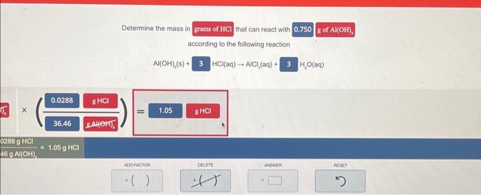 Solved Al(OH)3( s)+HCl(aq)→AlCl2(aq)+H2O(aq) ×(0.028836.46 | Chegg.com