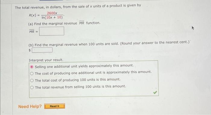 Solved The total revenue in dollars from the sale of x Chegg