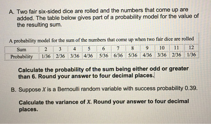 dice roll probability table to calculate the probability of 2