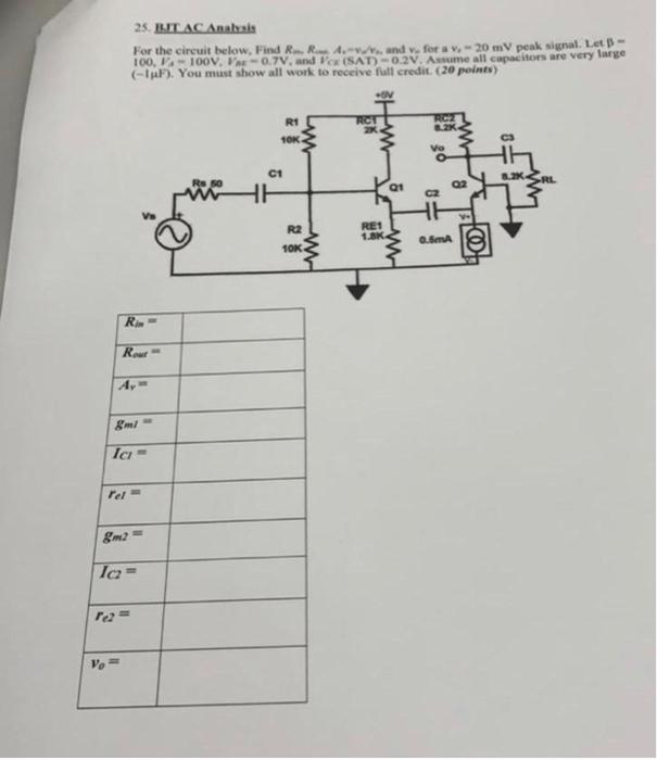 Solved 25. BITAC Analysis For the circuit below. Find R... | Chegg.com