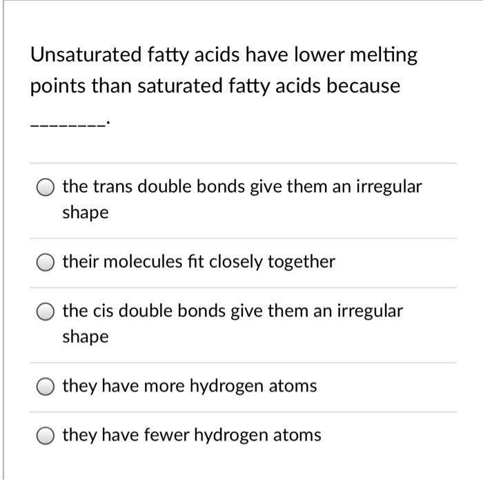 Solved Unsaturated fatty acids have lower melting points