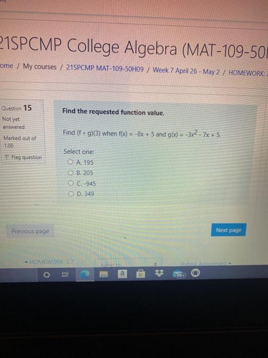 Solved 215PCMP College Algebra (MAT-109-501 ome / My courses | Chegg.com