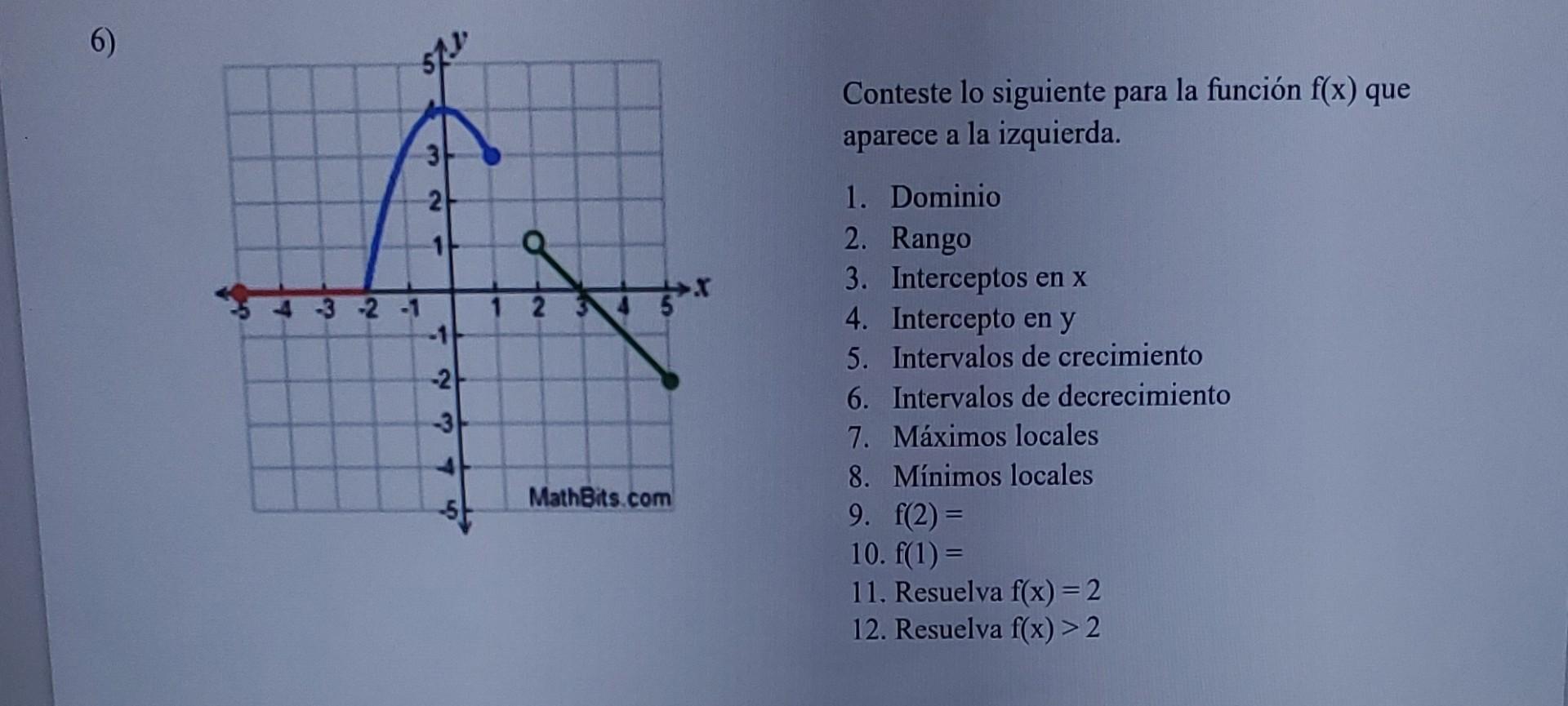 6) Conteste lo siguiente para la función \( \mathrm{f}(\mathrm{x}) \) que aparece a la izquierda. 1. Dominio 2. Rango 3. Inte