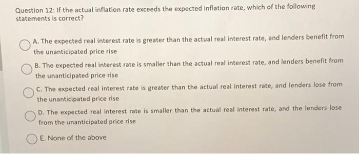 Solved Question 12: If the actual inflation rate exceeds the | Chegg.com