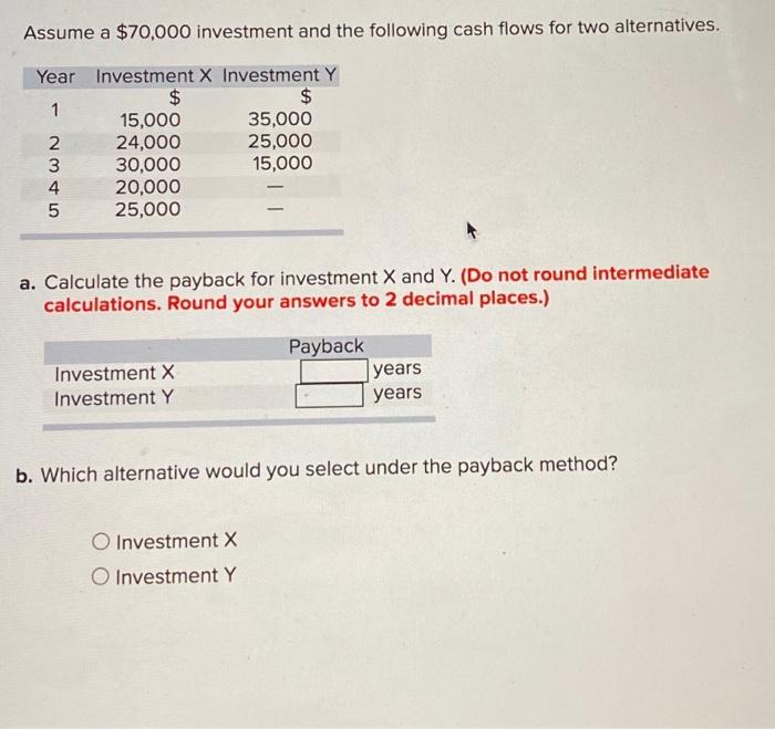 Solved Assume A $70,000 Investment And The Following Cash | Chegg.com