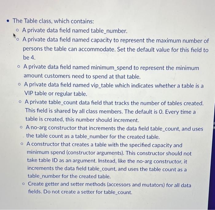 Solved The Table class, which contains: A private data field | Chegg.com