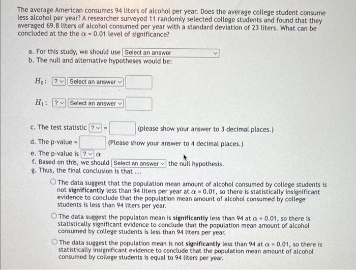 Solved The Average American Consumes 94 Liters Of Alcohol | Chegg.com