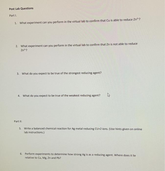 Solved Post Lab Questions Part I. 1. What experiment can you | Chegg.com