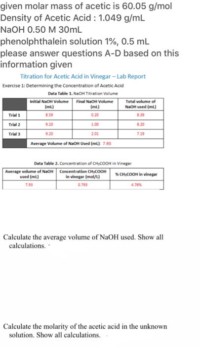 Solved Given Molar Mass Of Acetic Is 60 05 G MolDensity Of Chegg Com   Image 