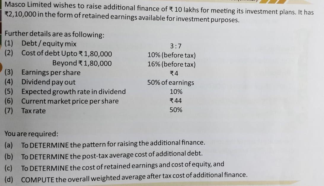 Solved Masco Limited Wishes To Raise Additional Finance Of Chegg