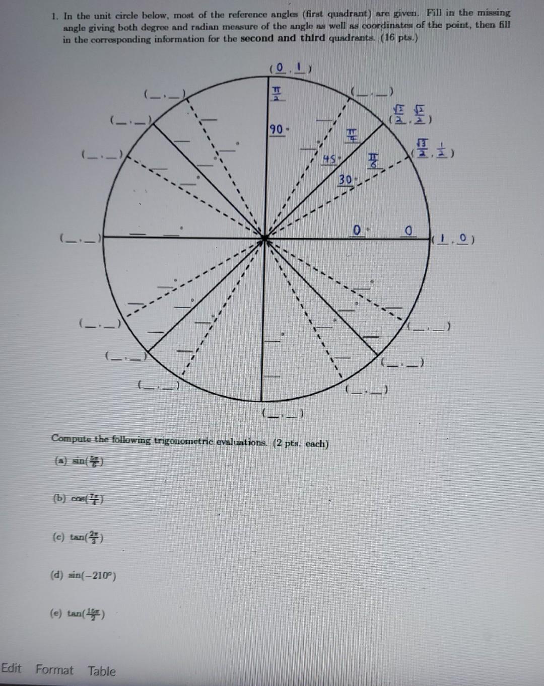 Solved 1. In the unit circle below, most of the reference | Chegg.com