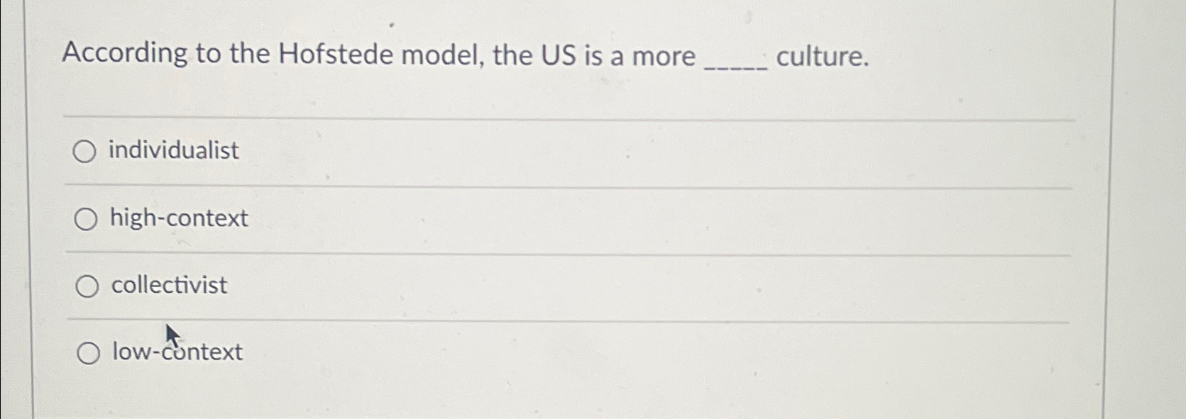 Solved According to the Hofstede model, the US is a more | Chegg.com
