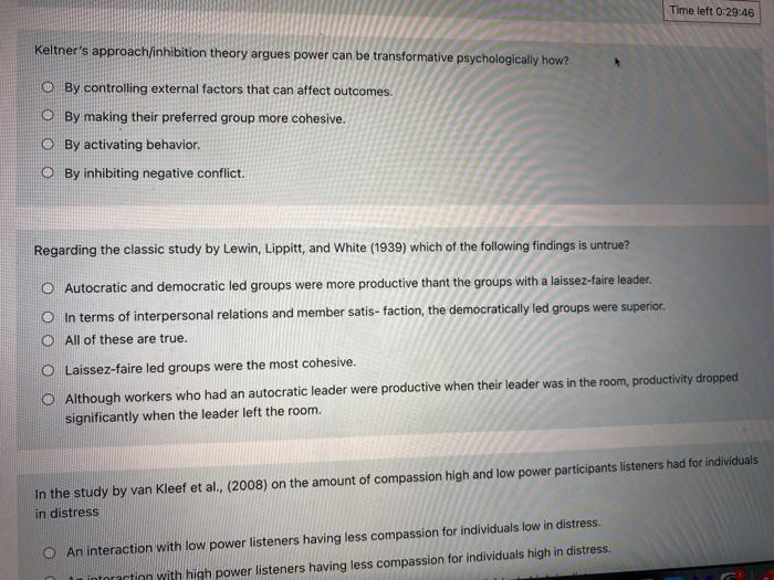 Time left 0:29:46 Keltner's approach/inhibition | Chegg.com