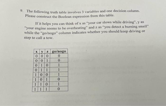Solved 9. The following truth table involves 3 variables and | Chegg.com
