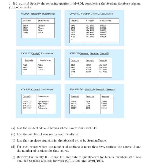 Solved 1. (50 points) Specify the following queries in MySQL | Chegg.com