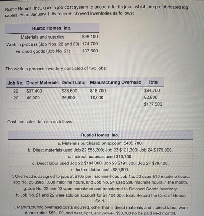 Solved Rustic Homes, Inc., uses a job cost system to account