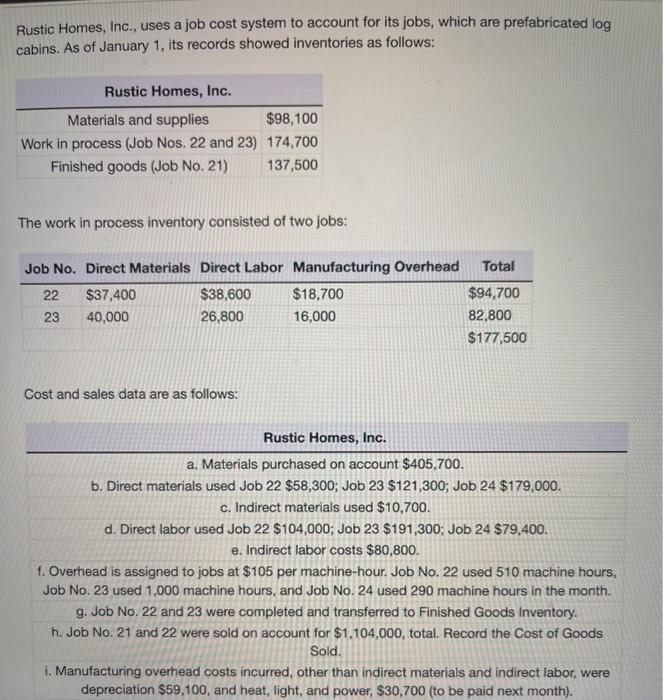 Solved Rustic Homes, Inc., Uses A Job Cost System To Account | Chegg.com