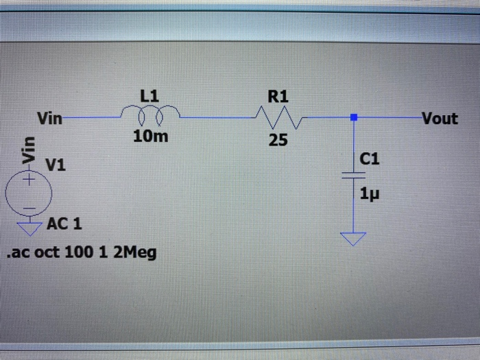 Solved L1 R1 Vin Vout 10m 25 +) Vin V1 C1 1p AC 1 .ac oct | Chegg.com