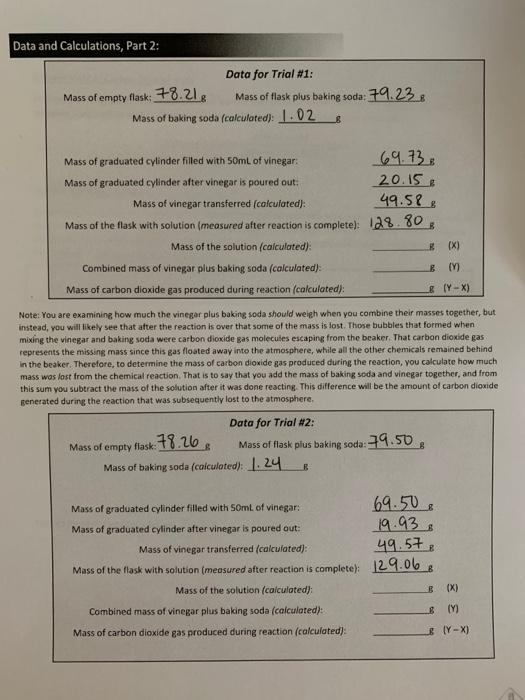 Solved Data and Calculations, Part 2: Data for Trial #1: | Chegg.com