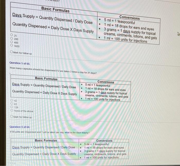 Solved Basic Formulas . Days Supply = Quantity Dispensed /