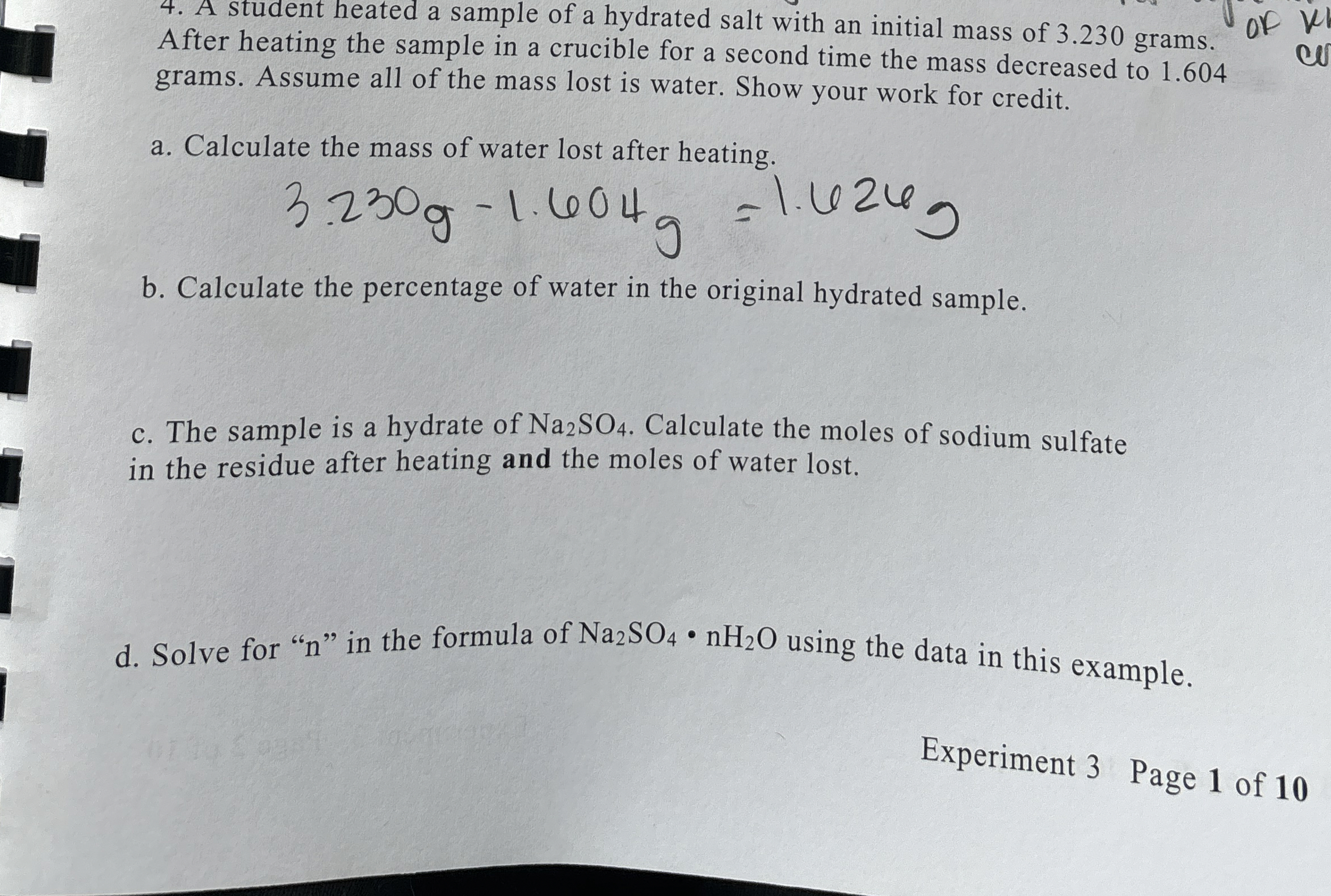 A student heated a sample of a hydrated salt with an | Chegg.com