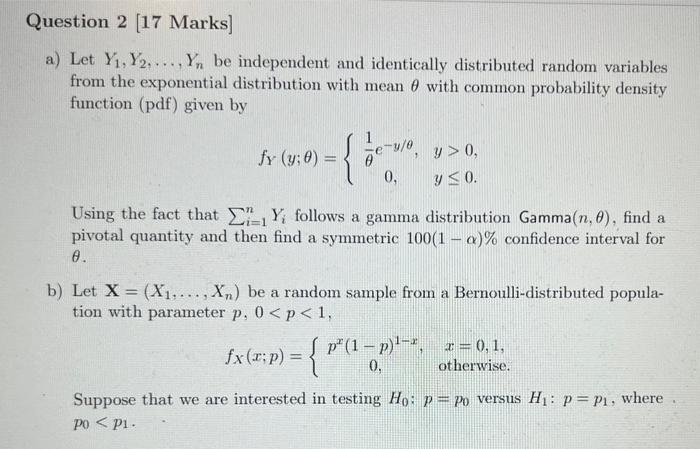 Solved A) Let Y1,Y2,…,Yn Be Independent And Identically | Chegg.com