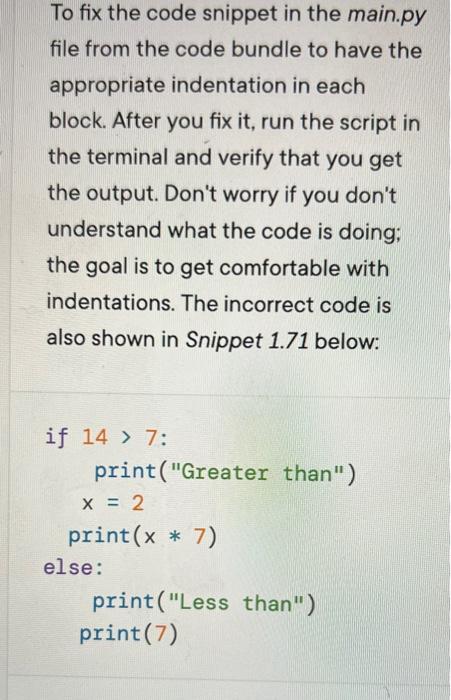Solved To fix the code snippet in the main.py file from the | Chegg.com