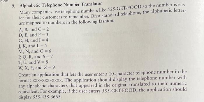 Solved 9. Alphabetic Telephone Number Translator Many | Chegg.com