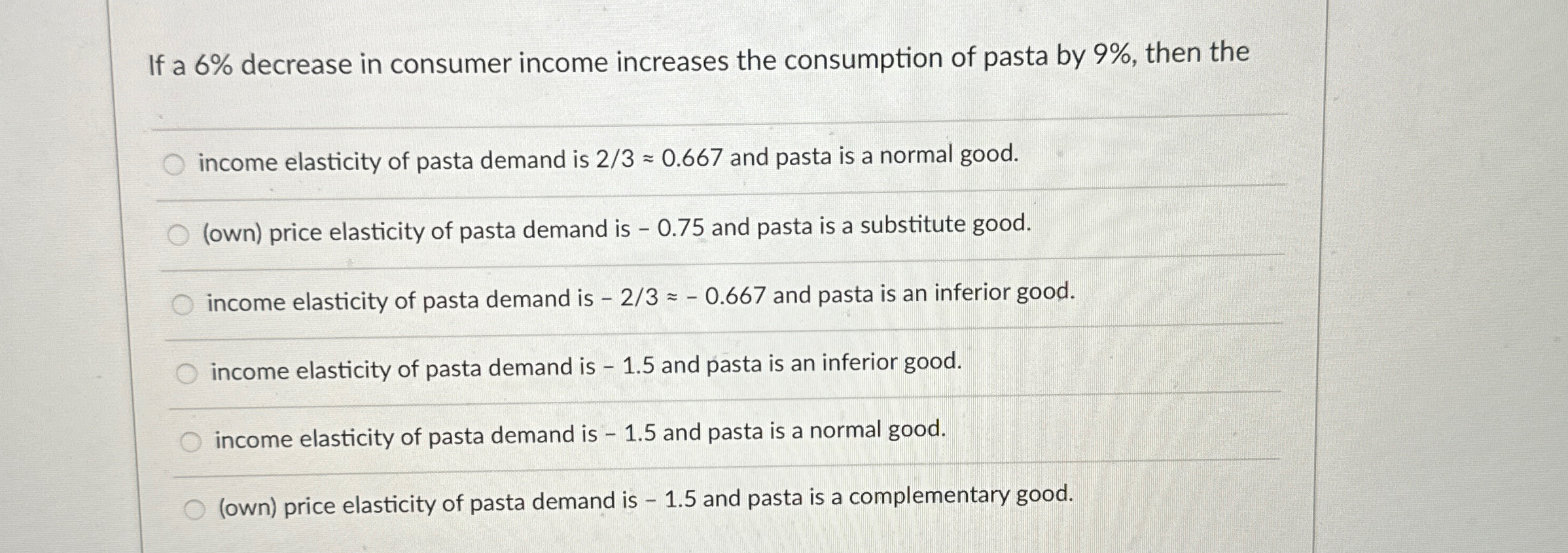 Solved If a 6% ﻿decrease in consumer income increases the | Chegg.com