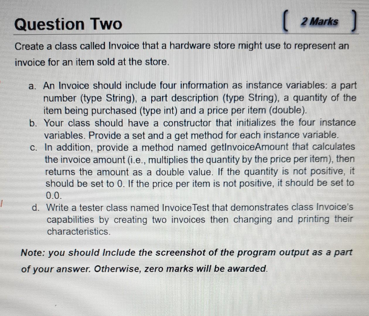 Solved Question Two ( 2 Marks ) a Create a class called | Chegg.com