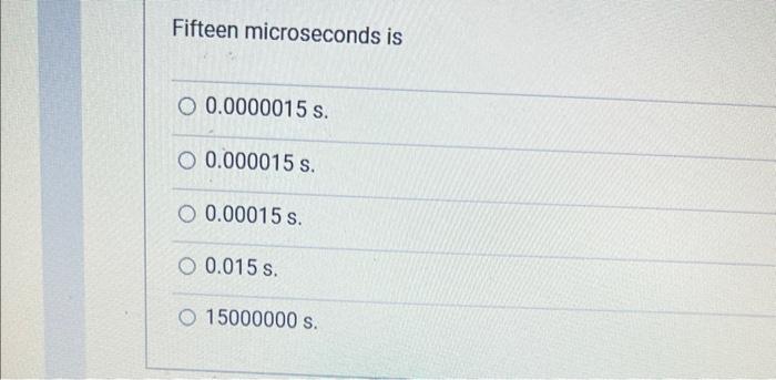 Solved Fifteen microseconds is 0.0000015 s. 0.000015 s. | Chegg.com